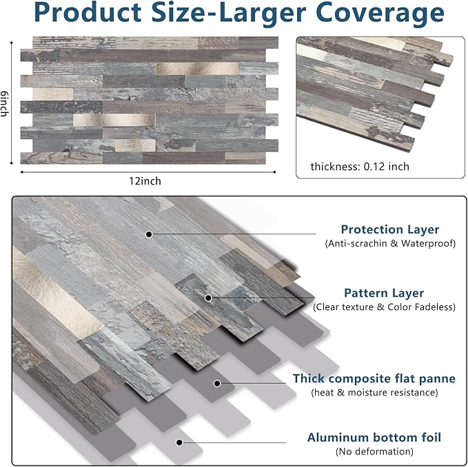 Yipscazo 10 Sheets Peel and Stick Stone Metal Backsplash, PVC Wall Tiles Stick on Tiles for Backsplash Kitchen, Bathroom, Fireplace (6'' X 12'', Ecru Rustic)