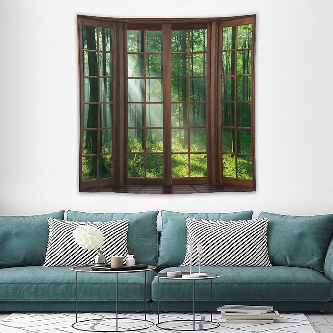 ZhiRain Forest Tapestry Wall Hanging Green Tree Full Scenery Window Jungle Wild Nature Landscape Print Tapestries Home Decor for Living Room Bedroom Apartment Farmhouse Dorm 60"x60"