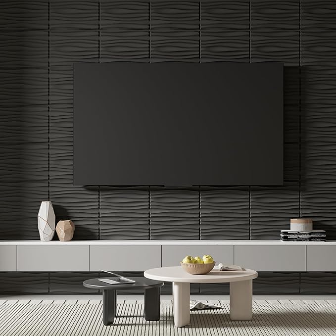 Art3d 24-Pack 3D Wall Panels for Interior Home Décor, PVC Wavy Textured Accent Wall Paneling for Living Room Bedroom TV Backdrop Office, 15.7 x 11.8 Inch - Black
