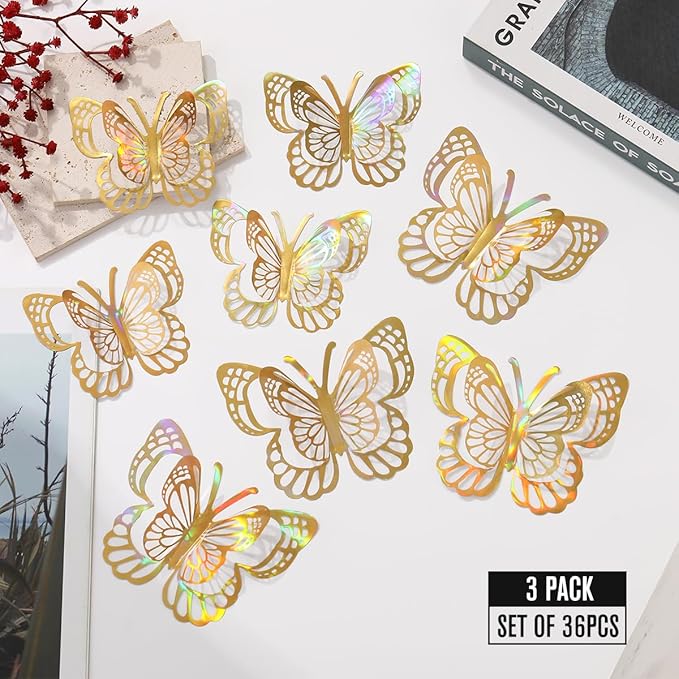 36PCS Butterfly Wall Decals - Gold Butterfly Stickers Mural Wall Decor Home Room Bedroom Decor, Removable Reusable Stickers