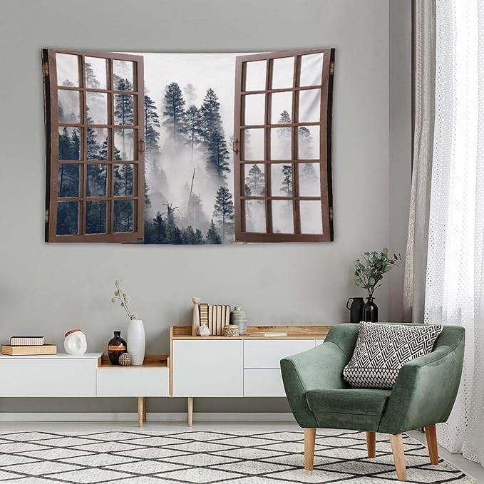 ZhiRain Misty Forest Landscape Tapestry Wall Hanging Wooden Window Forest Mountain Tree Scenery Tapestries Home Decor for Living Room Bedroom Apartment Farmhouse Dorm 40"x60"