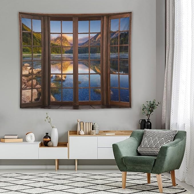 ZhiRain Mountain Scenery Tapestry Wall Hanging Through The Window Beautiful Lake Landscape Tapestries Home Decor for Living Room Bedroom Apartment Farmhouse Dorm 50"x60"