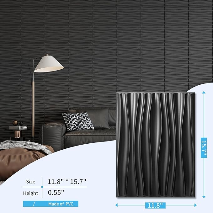Art3d 24-Pack 3D Wall Panels for Interior Home Décor, PVC Wavy Textured Accent Wall Paneling for Living Room Bedroom TV Backdrop Office, 15.7 x 11.8 Inch - Black