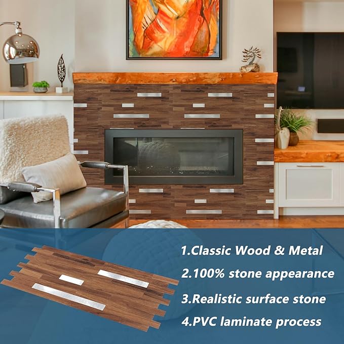 Yipscazo 20 Sheets PVC Wall Tiles Stick on Tiles for Backsplash Kitchen, Bathroom, Laundry Room, Camper, Fireplace (6'' X 12'', Brown Wood)