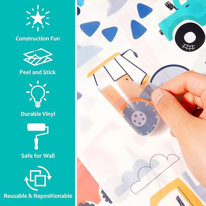 AOWDIAO Construction Vehicle Wall Decals – 90Pcs Reusable Peel and Stick Vinyl Stickers for Kids’ Room, Nursery & Playroom – Removable Truck Decoration for Boys & Toddlers