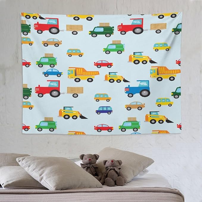 ZhiRain Cartoon Cars Print Tapestry Wall Hanging for Kids Room Cartoon Shovel And Trucks Blue Tapestries Home Decor for Living Room Bedroom Apartment Farmhouse Dorm 60"x80"
