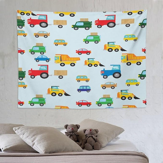 ZhiRain Cartoon Cars Print Tapestry Wall Hanging for Kids Room Cartoon Shovel And Trucks Blue Tapestries Home Decor for Living Room Bedroom Apartment Farmhouse Dorm 60"x80"