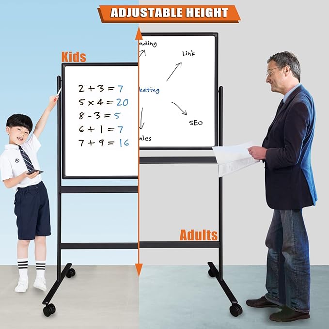 32x48 Inches Industrial-Grade Mobile Dry Erase Whiteboard with Lockable Rolling Stand - Double-Sided Magnetic Whiteboard, Height & Angle Adjustable for Office, Classroom & Workshop Black