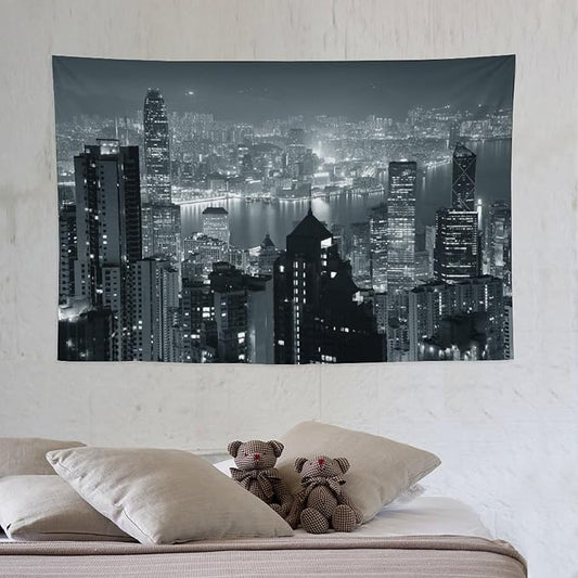 ZhiRain City Tapestry Wall Hanging Aerial Night View Hong Kong Skyline Modern Famous Urban Town Tapestries Home Decor for Living Room Bedroom Apartment Farmhouse Dorm 40"x60"