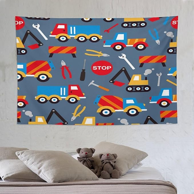 ZhiRain Cartoon Bulldozer Truck Tapestry Wall Hanging for Kids Bedroom, Cartoon Tractor Tapestries Home Decor for Living Room Bedroom Apartment Farmhouse Dorm 60"x90"