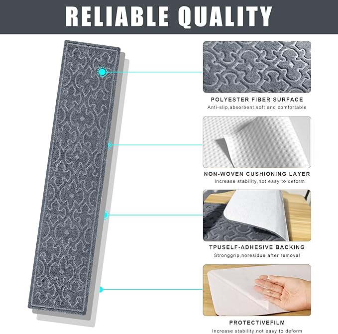 15Pcs Stair Treads for Wooden Steps Indoor with Self Adhesive, 8"x30" Non Slip Stair Runners-Peel & Stick Indoor Stair Carpet Runner, Resistant Indoor Runner for Kids、Elders and Pets, Grey