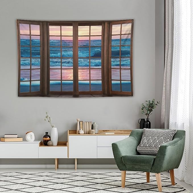 ZhiRain Landscape Tapestry Wall Hanging Beach Sand Ocean Waves Seaside Brown Window View Tapestries Home Decor for Living Room Bedroom Apartment Farmhouse Dorm 40"x60"