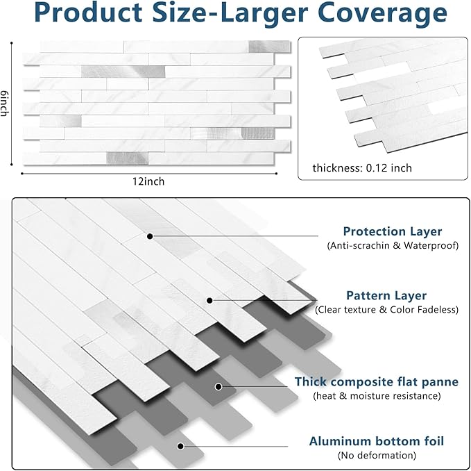 Yipscazo 40 Sheets Peel and Stick Stone Metal Backsplash, PVC Wall Tiles Stick on Tiles for Backsplash Kitchen, Bathroom, Fireplace (6'' X 12'', Jazz White)