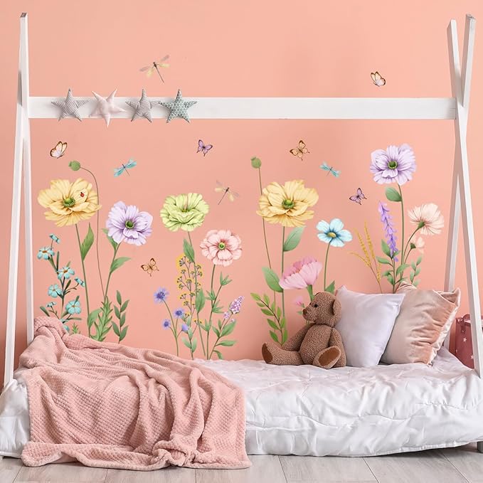 Watercolor Poppy Flower Wall Decals Garden Floral Wall Stickers Colorful Wildflower Butterfly Wall Art Decor Removable Boho Wisteria Peel and Stick Wall Murals for Kids Bedroom Nursery Home Decoration