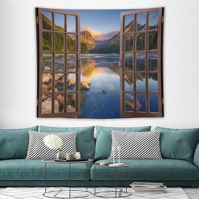 ZhiRain Mountain Scenery Tapestry Wall Hanging Wooden Window View Beautiful Lake Landscape Tapestries Home Decor for Living Room Bedroom Apartment Farmhouse Dorm 50"x60"