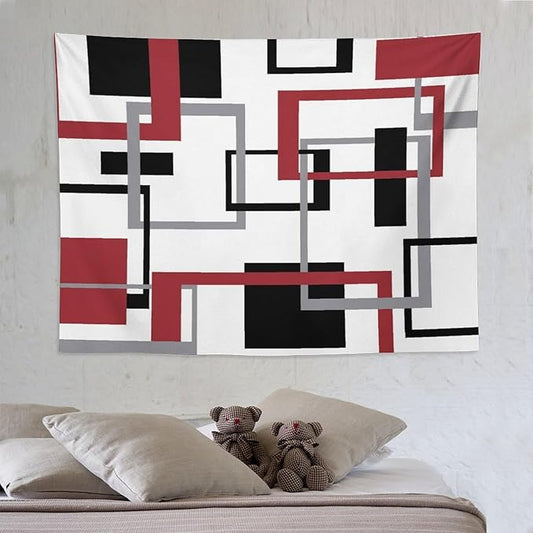 ZhiRain Red Tapestry Wall Hanging Mid Century Modern Geometric Abstract Red Black Grey Square White Backdrop Tapestries Home Decor for Living Room Bedroom Apartment Farmhouse Dorm 60"x80"