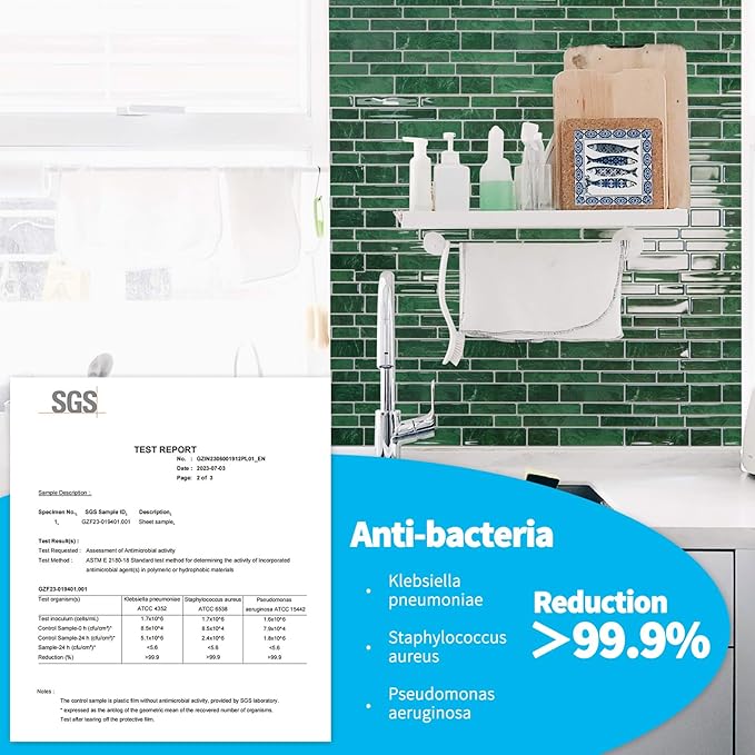 Art3d 10-Sheet Peel and Stick Backsplash Tile, Vinyl Stick On Wall Tile for Kitchen Bathroom Laundry Room, Marble Design 12" x 12" - Green