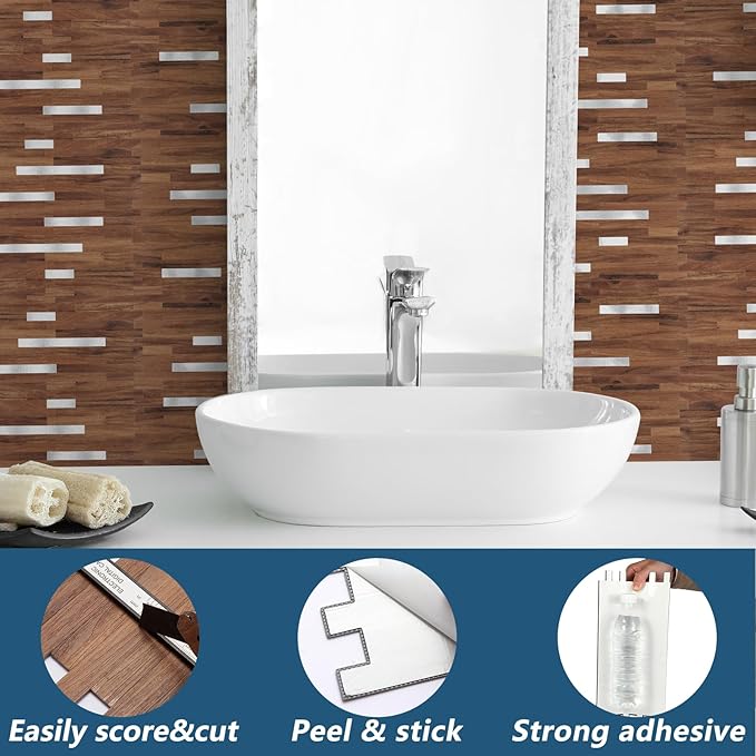 Yipscazo 20 Sheets PVC Wall Tiles Stick on Tiles for Backsplash Kitchen, Bathroom, Laundry Room, Camper, Fireplace (6'' X 12'', Brown Wood)