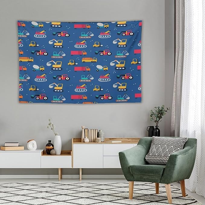 ZhiRain Cartoon Cars Print Tapestry Wall Hanging for Kids Room Cartoon Shovel And Trucks Blue Tapestries Home Decor for Living Room Bedroom Apartment Farmhouse Dorm 40"x60"