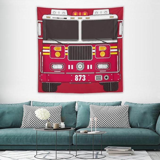 ZhiRain Cartoon Fire Truck Tapestry Wall Hanging Fire Engine Firemen Car Firefighter Truck Fire Fighting Tapestries Home Decor for Living Room Bedroom Apartment Farmhouse Dorm 60"x60"