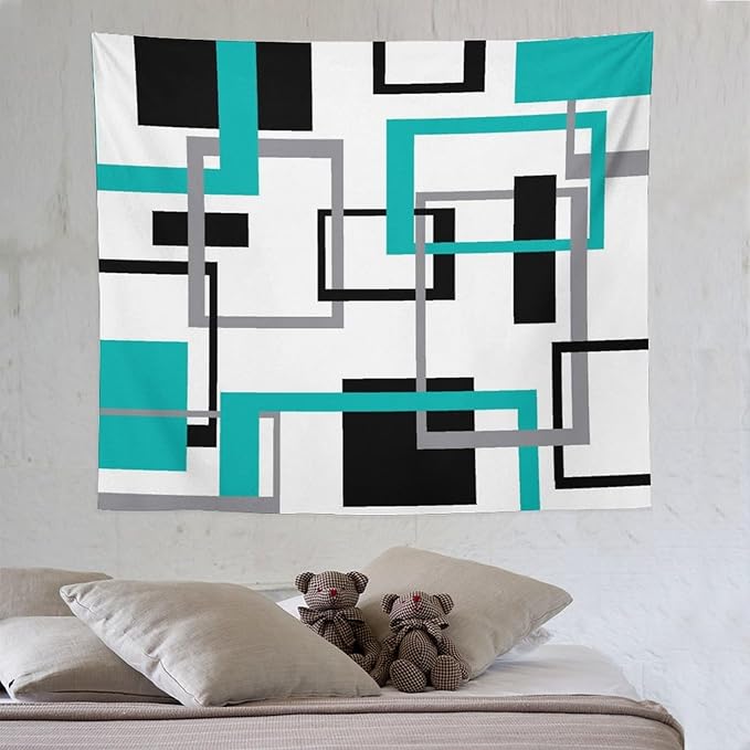 ZhiRain Teal Tapestry Wall Hanging Mid Century Modern Turquoise Abstract Aqua Black Grey Geometric White Backdrop Tapestries Home Decor for Living Room Bedroom Apartment Farmhouse 50"x60"