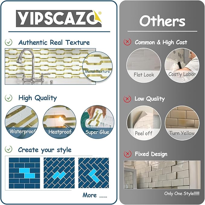 Yipscazo Peel and Stick backsplash 3 x 6 Inches 3D PVC Composite Wall Tile Stick on Backsplash Tile for Kitchen Bathroom, Laundry Room, Fireplace(White with Gold Metal, 32 Pieces)
