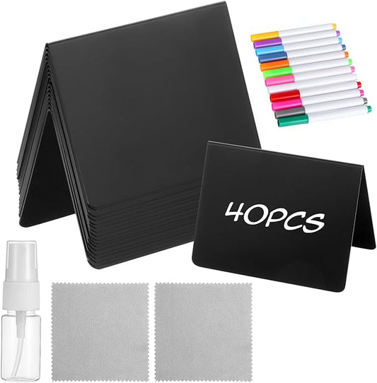 40 Pack Reusable Mini Chalkboard Signs, Food Labels for Party Buffet Catering Supplies, 3.9x2.7 Inch Black Buffet Display Tent Cards with V-Shaped Design