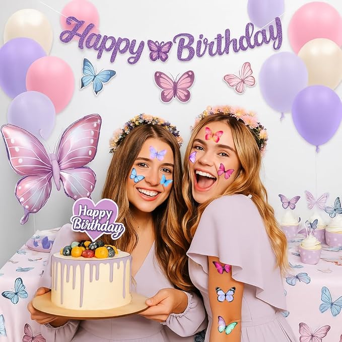 8 Sheets (96PCS) Butterfly Temporary Tattoos Butterflies Theme Birthday Party Decorations Supplies Favors Stickers for Women Kids Gifts Classroom School Prizes Rewards