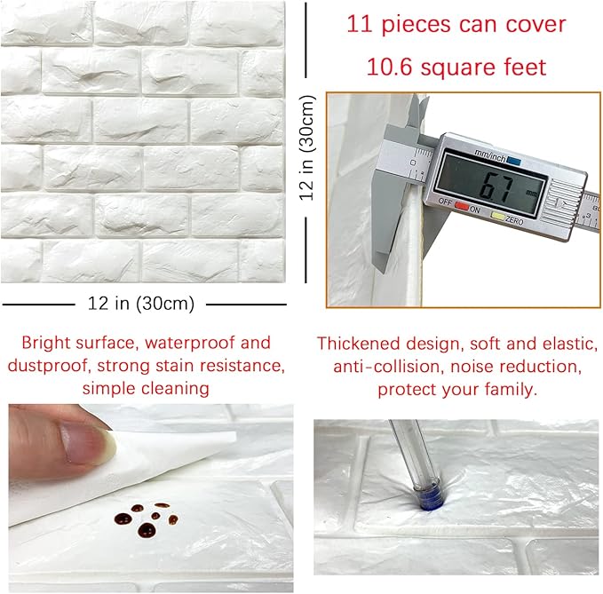 11PCS 3D Wall Panels Peel and Stick Faux Brick Wallpaper White Self Adhesive Foam Brick Paneling Faux Stone Wall Panels (11PCS, White)