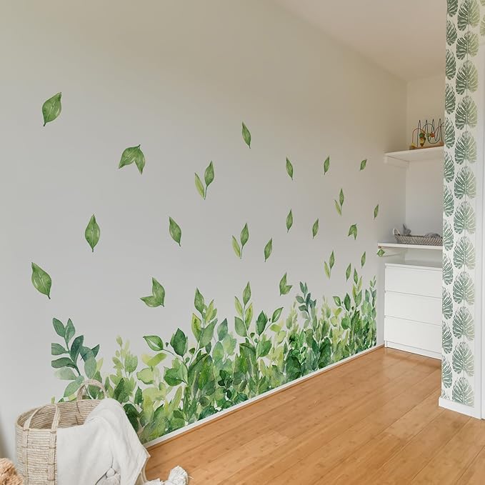 3 Pieces Green Leaves Wall Decals Vinyl Green Vines Wall Stickers Removable Art Murals Peel and Stick Leaves Decor for Girls Bedroom Living Room Nursery