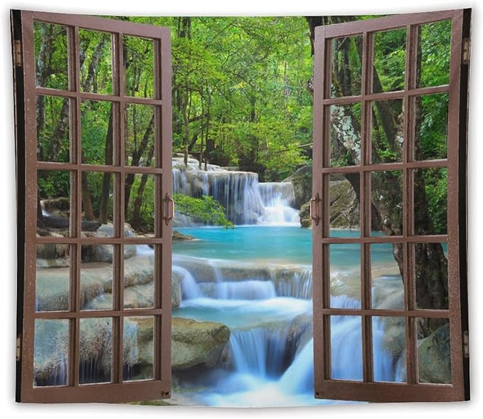 ZhiRain Waterfall Tree Landscape Tapestry Wall Hanging Natural Scenery Forest Garden Spring Stone River Tapestries Home Decor for Living Room Bedroom Apartment Farmhouse Dorm 50"x60"