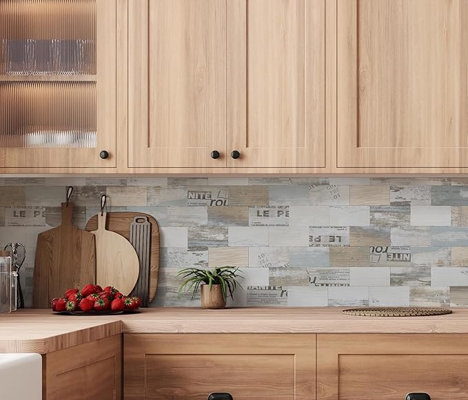 20-Pack Peel and Stick Tile Backsplash 12"X12" PVC Wall Tiles, Stick on Backsplash for Kitchen, Bathroom Tile, Fireplace Décor, Laundry Table, Stair Decals in Vintage Wood Grain