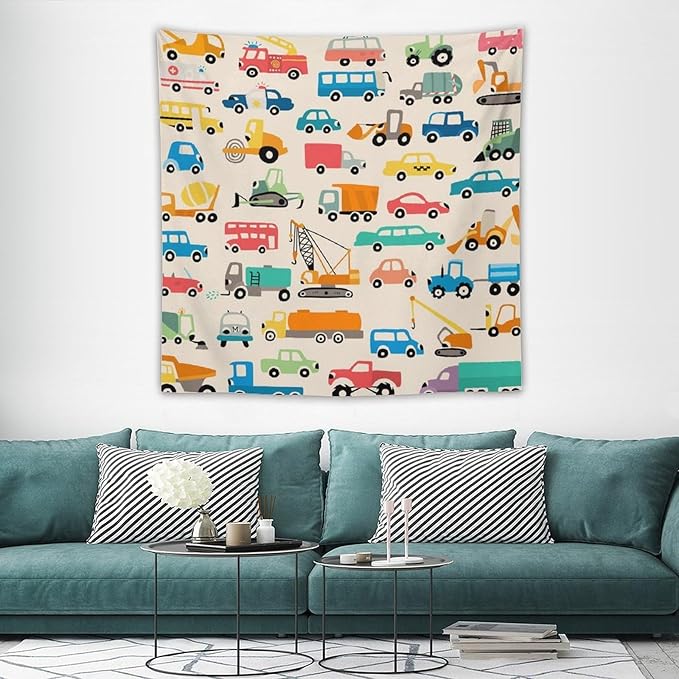 ZhiRain Cartoon Cars Print Tapestry Wall Hanging Cartoon Shovel And Trucks Tapestries Home Decor for Living Room Bedroom Apartment Farmhouse Dorm 60"x60"