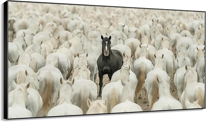 36"x60" XL Framed Wall Art - Unique Black Horse Amidst White Herd Animal (Frame Assembly Required)