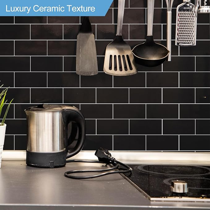 20-Pack Peel and Stick Tile Backsplash 12"X12" PVC Wall Tiles, Stick on Backsplash for Kitchen, Bathroom Tile, Fireplace Décor, Laundry Table, Stair Decals in Black