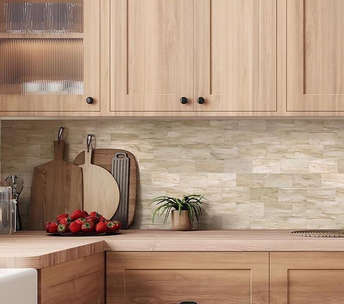 20-Pack Peel and Stick Tile Backsplash 12"X12" PVC Wall Tiles, Stick on Backsplash for Kitchen, Bathroom Tile, Fireplace Décor, Laundry Table, Stair Decals in Light Beige Stone