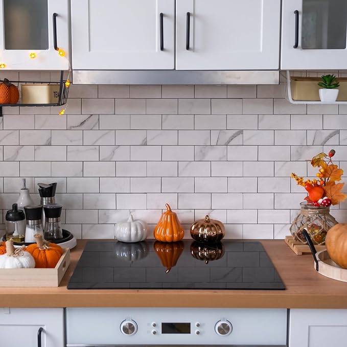 Yipscazo Peel and Stick backsplash 3 x 6 Inches 3D PVC Composite Wall Tile Stick on Backsplash Tile for Kitchen Bathroom, Laundry Room, Fireplace(Skin Marble White, 2 Pieces)