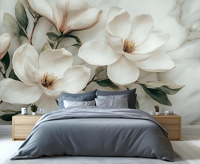 White Magnolia Flower Wall Mural, Vintage Floral Art Mural Wallpaper, Abstract Gray and White Marble Texture Large Wallpaper for Bedroom Living Room Wall Decor 59" W x 39.4" H