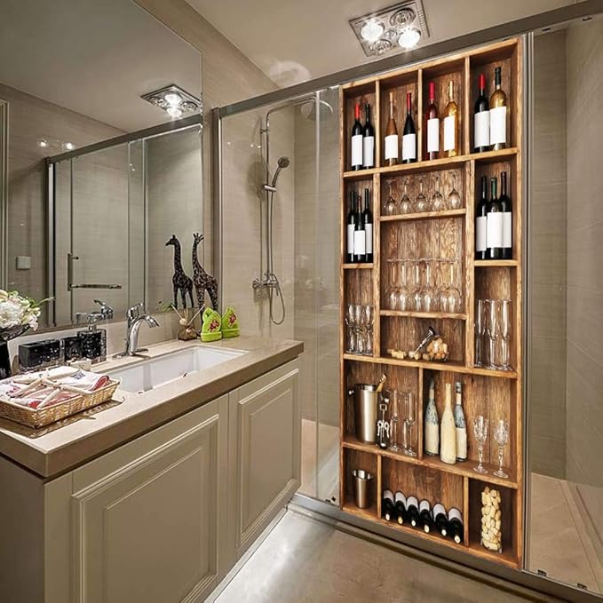 3D Door Wallpaper Self-Adhesive Sticker - Wine Cabinet Film Poster Premium PVC Waterproof Wall for Bedroom Living Room Decoration 90 x 200 cm