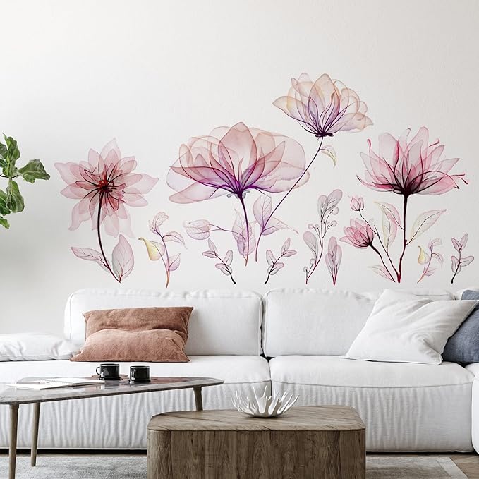 Zonon 6 Pcs Flowers Wall Decals Stickers Vinyl Removable Peel and Stick Colorful Dragonflies Floral Wall Murals Decor for Bedroom Living Room Nursery(Pink Flower)
