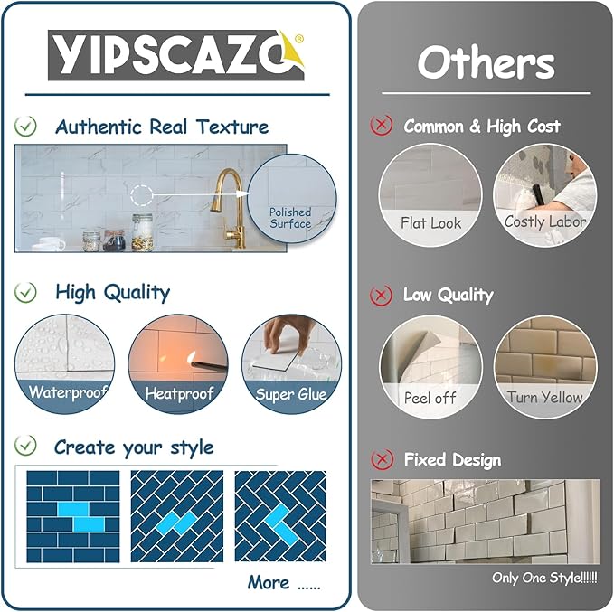 Yipscazo Peel and Stick backsplash 3 x 6 Inches 3D PVC Composite Wall Tile Stick on Backsplash Tile for Kitchen Bathroom, Laundry Room, Fireplace(Polished Carat Gold, 160 Pieces)
