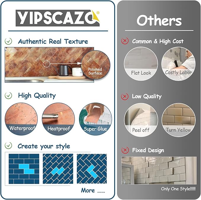 Yipscazo Peel and Stick backsplash 3 x 6 Inches 3D PVC Composite Wall Tile Stick on Backsplash Tile for Kitchen Bathroom, Laundry Room, Fireplace(Copper, 2 Pieces)