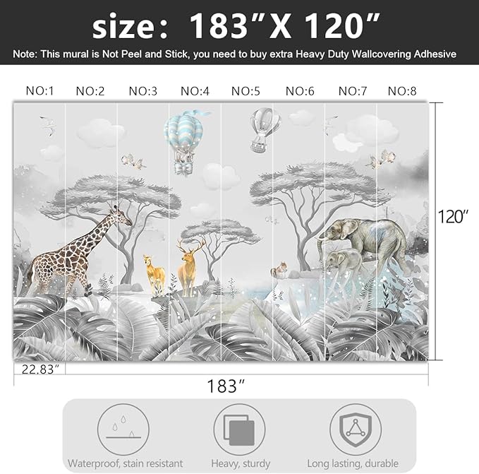 YIHWM -Tropical Rainforest Plants Animals Tigers Fabric Wallpaper Jungle Plants Banana Leaves Boys Girls Kindergarten Children Bedroom Large Mural- 183"x120"（ not Peel and Stick）