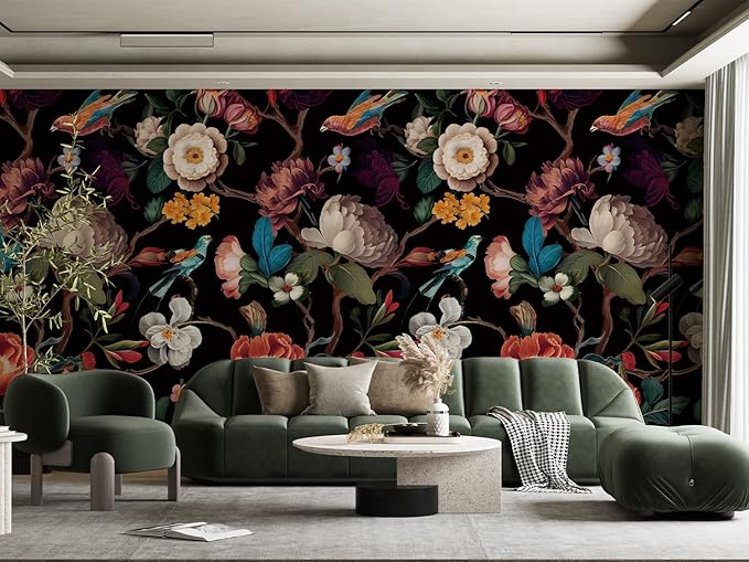 Zeeko Floral Wallpaper Black Peel and Stick Wall Mural Canvas Fabric Vintage Wallpaper for Room TV Background(59" x 98") Large Wall Paintings Home Decor