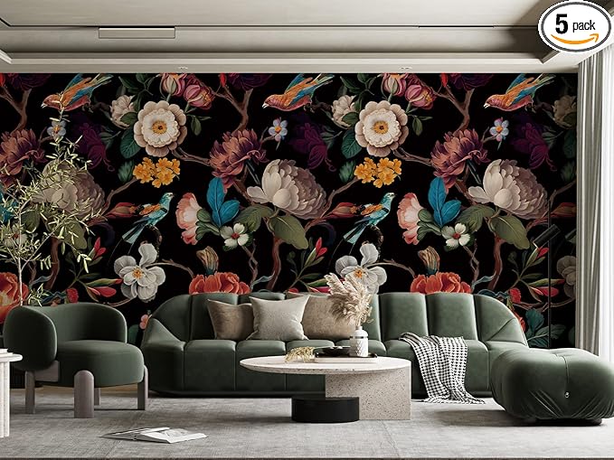 Zeeko Floral Peel and Stick Wall Mural Black Flower Wallpaper for Bedroom TV Background Vintage Wallpaper Large Floral Wall Murals Art Deco 148" W x 98" H