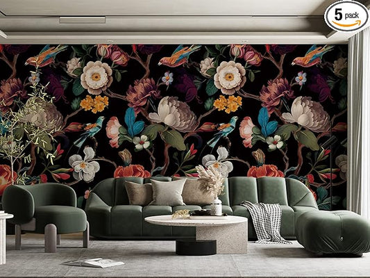 Zeeko Floral Peel and Stick Wall Mural Black Flower Wallpaper for Bedroom TV Background Vintage Wallpaper Large Floral Wall Murals Art Deco 148" W x 98" H