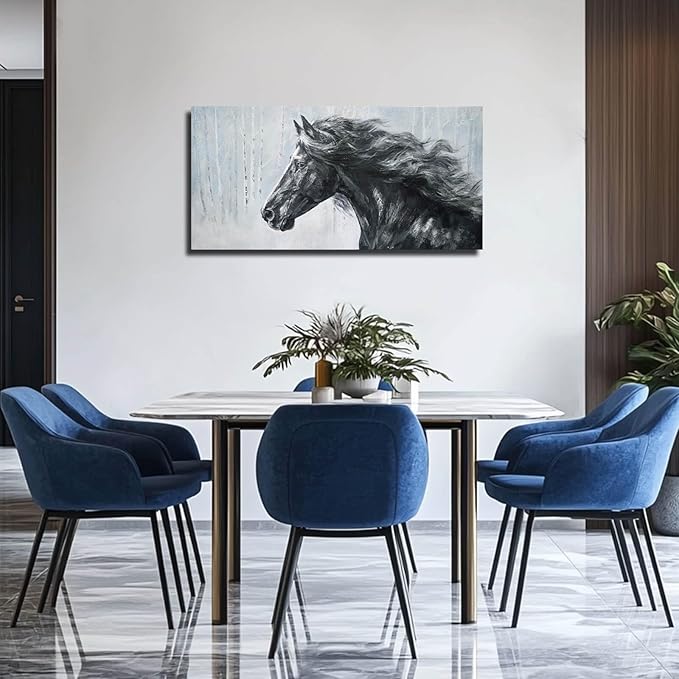 ZHENGYIN Black and White Horse Canvas Wall Art, Equine Portrait Artwork in Neutral Gray Birch Forest Scene, Rustic Farmhouse Animal Wall Decor for Living Room Bedroom Entryway, 20×40 Inch