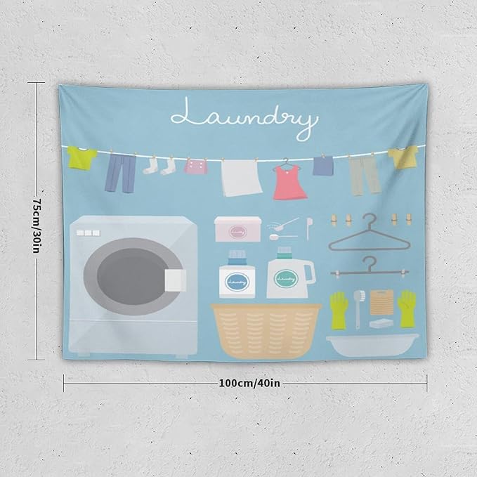 ZhiRain Laundry Room Tapestry Wall Hanging Blue Cartoon Wash Dry Fold Tapestries Home Decor for Living Room Bedroom Farmhouse Apartment Dorm 30"x40"