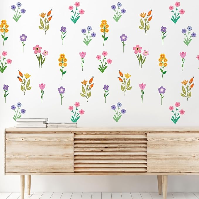 Zonon 6 Pcs Flowers Wall Decals Stickers Vinyl Removable Peel and Stick Colorful Dragonflies Floral Wall Murals Decor for Bedroom Living Room Nursery(Small Flower)