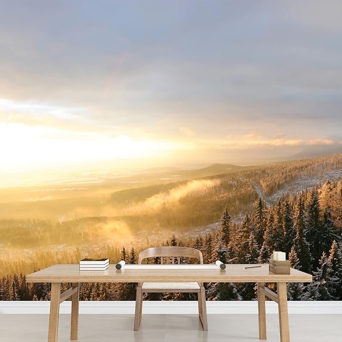 wall26 - Winter Forest Snow with a Warm Sunset on The Misty air - Landscape - Wall Mural, Removable Sticker, Home Decor - 66x96 inches